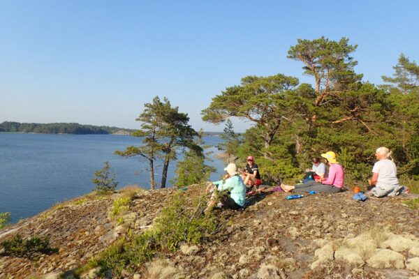 A group of people enjoying and smiling on top of a big rock in the Archipelago sea